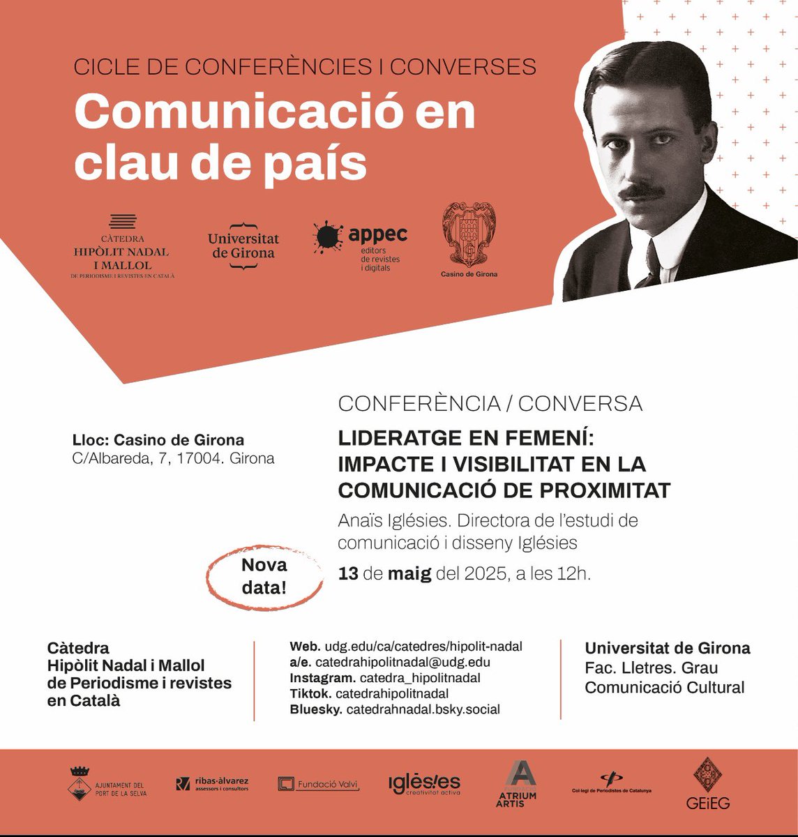 🚨 Nova data!
La conferència d’Anaïs Iglesies, ajornada per l’apagada del 28/4, es farà el 13 de maig a les 12 h al Casino de Girona.
🎙️ “Lideratge en femení i comunicació de proximitat”

#UdG #Comunicació