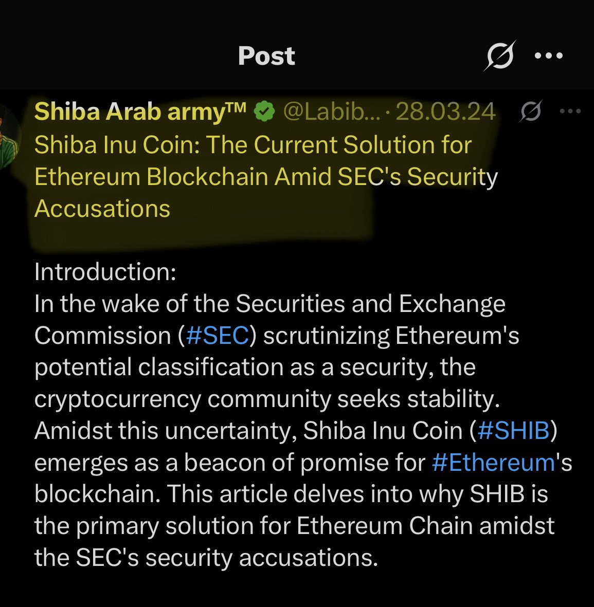 There are leaks suggesting that the #SEC was going to classify #Ethereum as a security.
We had the solution a year and two months ago to help Ethereum out of this crisis. I believe #SHIB was introduced for this very reason I think it’s the only solution.
Read what I wrote back