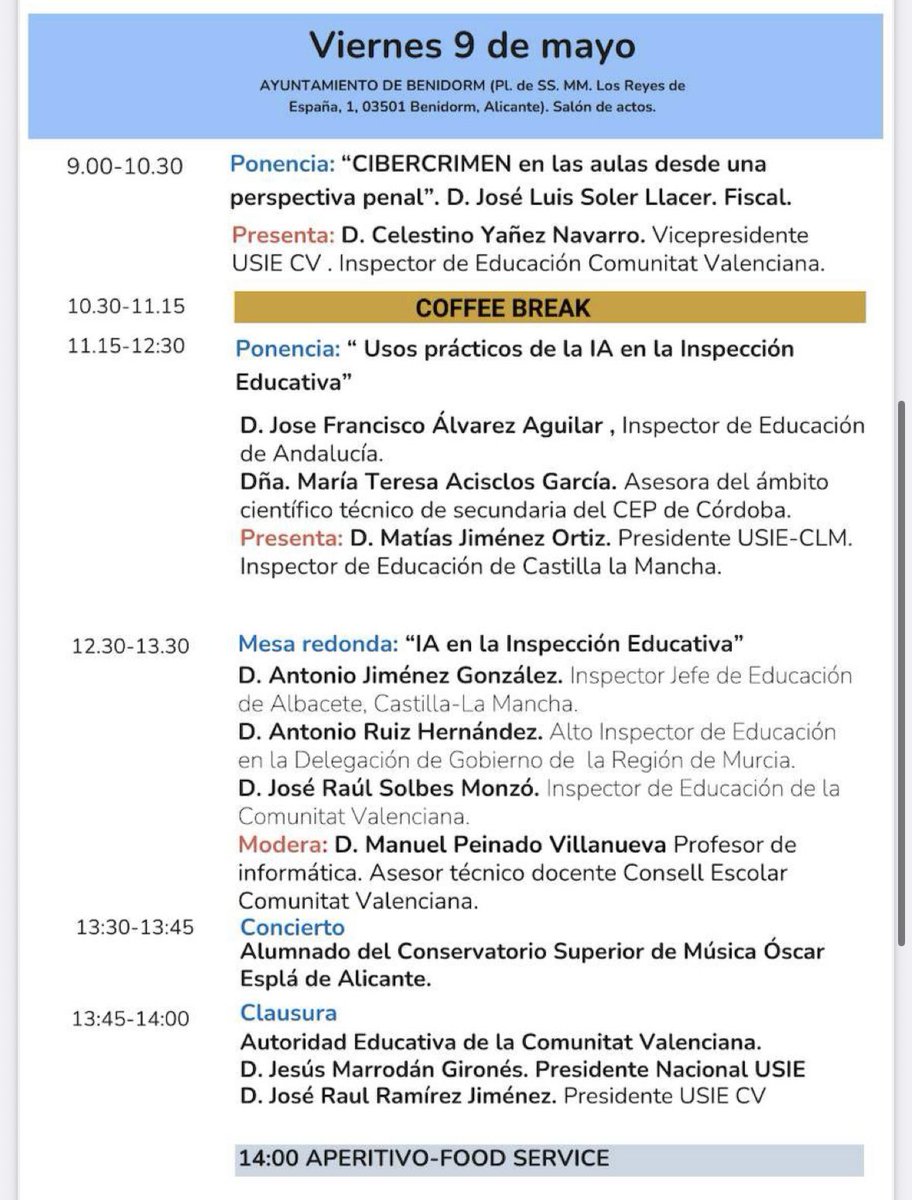 🗓️📍 Hoy, 9 de mayo, continuamos con la I JORNADA USIE ESTE en el Ayuntamiento de Benidorm.
✅ CIBERCRIMEN en las aulas
✅ Usos prácticos de la IA en la Inspección Educativa
✅ Mesa redonda sobre IA
✅ Concierto y clausura
#USIE #Formación #Educación