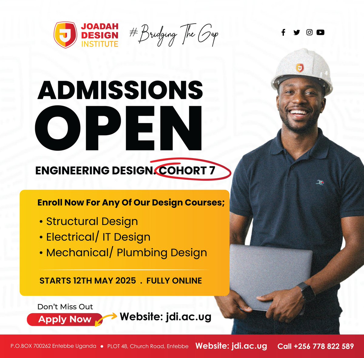 Joadah Design Institute (@joadahdi) on Twitter photo Now enrolling: 🚀
JDI’s Cohort 7 in Engineering Design admission is ending soon🔜. Secure your spot today.
Course will start on May 12, 2025
It's 100% online
3-month duration
Tuition: 1.5 million
Apply: jdi.ac.ug/application/
JDI Bridging The Gap!
<a href="/aitajoel/">Joel JAFFER Aita</a>
<a href="/dit_uganda/">The Directorate of Industrial Training</a> Now enrolling: 🚀
JDI’s Cohort 7 in Engineering Design admission is ending soon🔜. Secure your spot today.
Course will start on May 12, 2025
It's 100% online
3-month duration
Tuition: 1.5 million
Apply: jdi.ac.ug/application/
JDI Bridging The Gap!
<a href="/aitajoel/">Joel JAFFER Aita</a>
<a href="/dit_uganda/">The Directorate of Industrial Training</a>