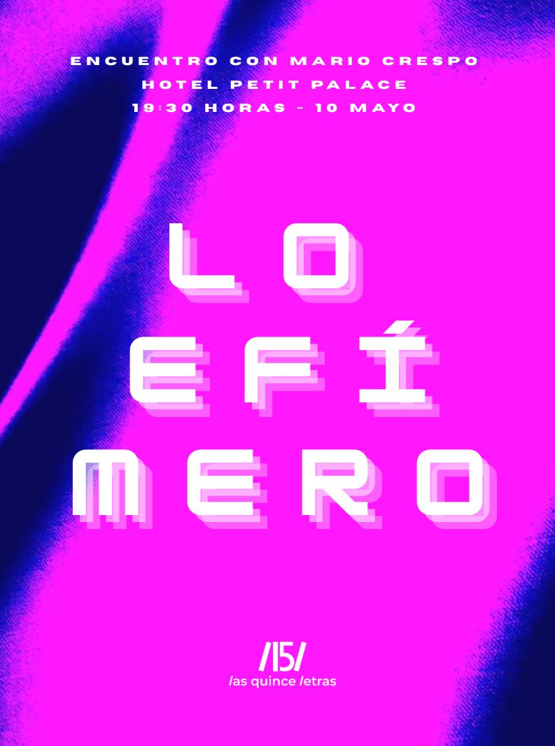 Este sábado, a las 19:30 horas y en Madrid, <a href="/Mario__Crespo/">Mario Crespo</a> presentará su libro de relatos LO EFÍMERO, publicado en la editorial digital Las Quince Letras, un nuevo concepto de lectura en el que juegan con los tipos de letra y añaden imágenes, ilustraciones e hipervínculos.