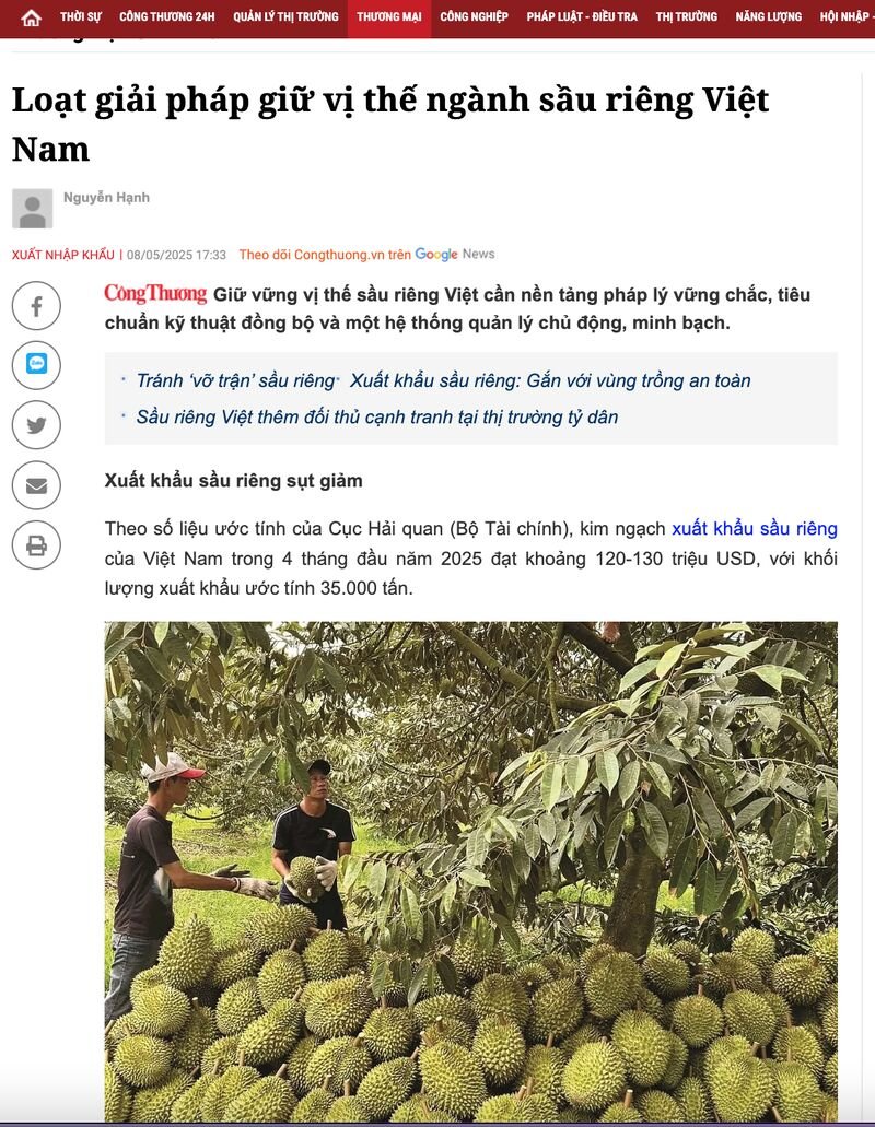 insider_ma33713's tweet image. Việt Nam cần nâng chất lượng sầu riêng để giữ xuất khẩu 2,4 tỷ USD sang TQ (90% thị phần). Đáp ứng GlobalGAP, truy xuất nguồn gốc, kiểm soát dư lượng thuốc. Thái Lan, Philippines cạnh tranh, giá giảm 10-15% nếu không đạt chuẩn. #vietnamexport #Xuhuong