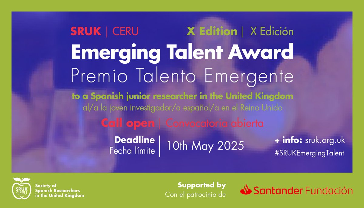 ComunidadCeru's tweet photo. ⏰ Last chance! Applications for the SRUK/CERU Emerging Talent Award 2025 close TOMORROW!

This award, supported by @SantanderFund, aims to recognise and support a junior Spanish researcher with an outstanding professional trajectory in the UK ⬇️

#SRUKEmergingTalent https://t.co/JwqQpKxjoN