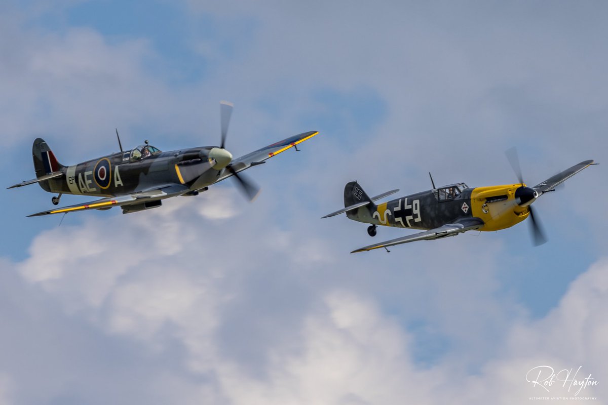 ShutterbugWGC's tweet image. ‘Victory in Europe Week’
Pete Kynsey in the The Fighter Collection Mk. Vb Spitfire EP120 in formation with Dave Puleston in the Ultimate Warbird Flights Hispano Buchon ‘White 9’ at the Imperial War Museum Duxford VE Flying Day in May 2022…@IWMDuxford #AvGeek #Duxford
