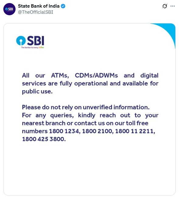 PTI_News's tweet photo. "All our ATMs, CDMs/ADWMs and digital services are fully operational and available for public use," reads a statement by State Bank of India (@TheOfficialSBI). https://t.co/9qeXDX8Dd2