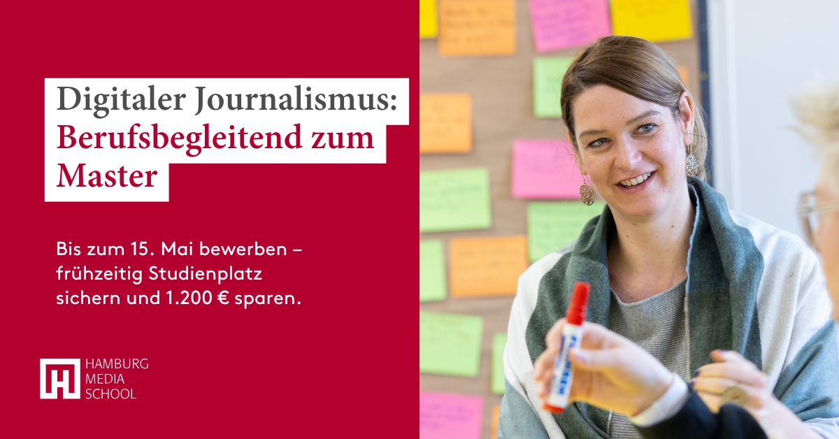 journ_online's tweet image. Anzeige: Der Master Digitaler Journalismus bietet Strategien für die Zukunft, ein großes Netzwerk und eine Kombination aus Wissenschaft und Praxis, die dich im Journalismus voranbringt. Bis zum 15. Mai bewerben – frühzeitig Studienplatz und Rabatt sichern! hamburgmediaschool.com/studium/digita…