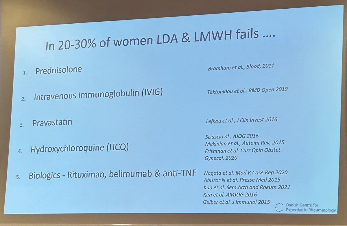 Cassy Sims, MD (@drcassysims) on Twitter photo What are treatment options for obstetric APS? <a href="/RheumNow/">Dr. John Cush</a>
1st line: ASA & LMWH (70-80% live births)
What are options for the 20-30% that fail 1st line therapies? prednisone, IVIG, pravastatin, HCQ, RTX, belimumab, TNFi What are treatment options for obstetric APS? <a href="/RheumNow/">Dr. John Cush</a>
1st line: ASA & LMWH (70-80% live births)
What are options for the 20-30% that fail 1st line therapies? prednisone, IVIG, pravastatin, HCQ, RTX, belimumab, TNFi