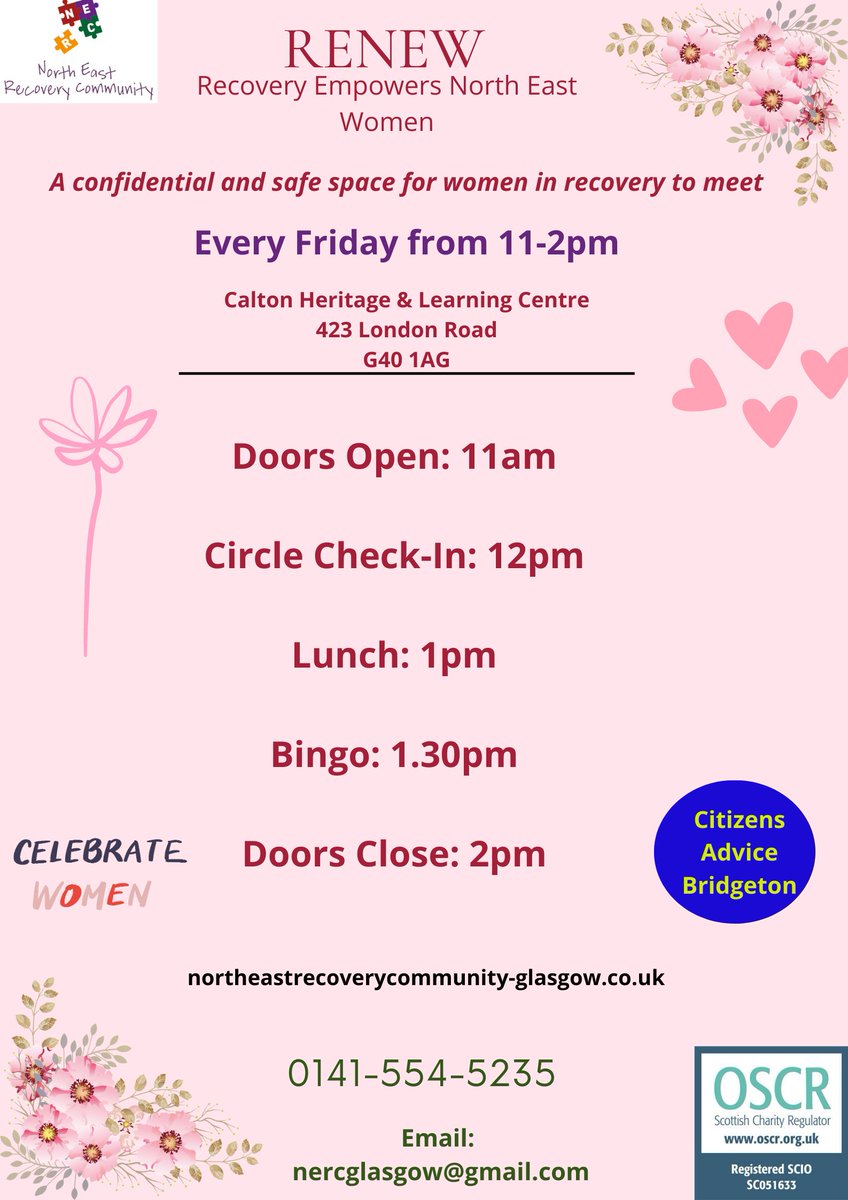 RENEW - Women's Recovery Café is open today from 11am-2pm. Join us for a circle check-in, lunch, massage and bingo