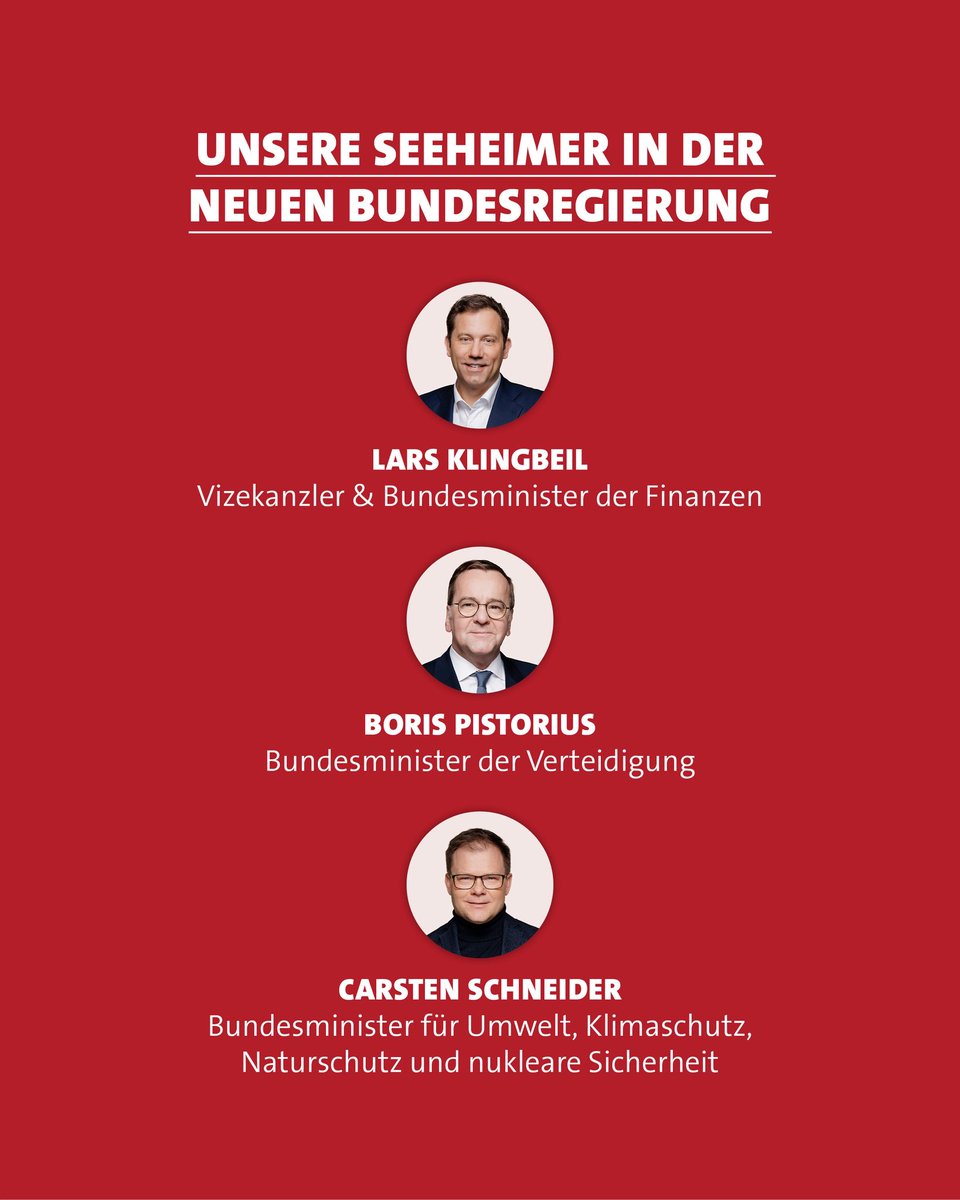 seeheimer's tweet image. Wir freuen uns sehr und gratulieren all unseren Seeheimer:innen, die künftig Verantwortung in Fraktion und Regierung übernehmen.
🔴 Lars Klingbeil - Vizekanzler und Bundesminister der Finanzen
🔴 Boris Pistorius bleibt Bundesminister der Verteidigung .
🔴 Carsten Schneider -…