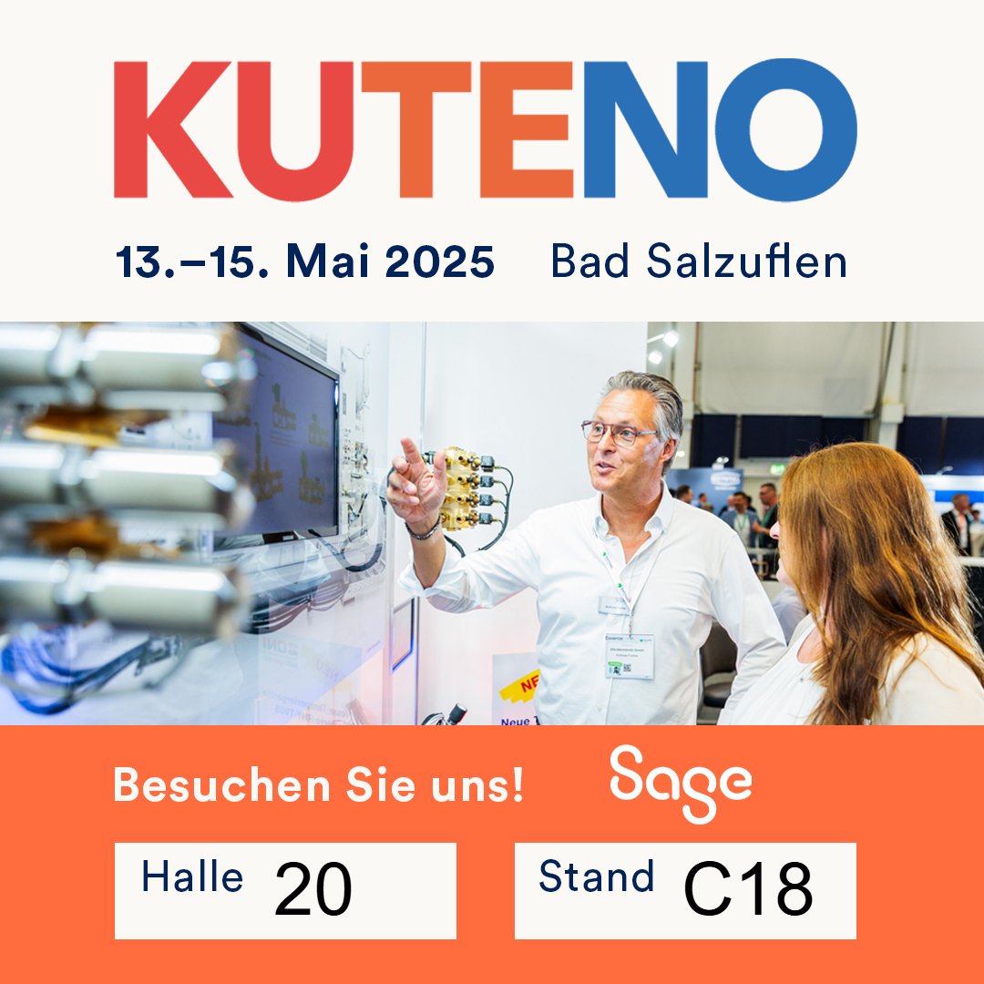 Sage auf der Kuteno 2025 🔧🚀 Wir bringen ERP-Power in die Kunststoffverarbeitung!

Besuchen Sie uns vom 13. - 15. Mai 2025 an Stand 20-C18 – und entdecken Sie, wie unsere branchenspezifische ERP-Lösung Sage Wincarat Ihre Produktionsprozesse auf das nächste Level hebt!