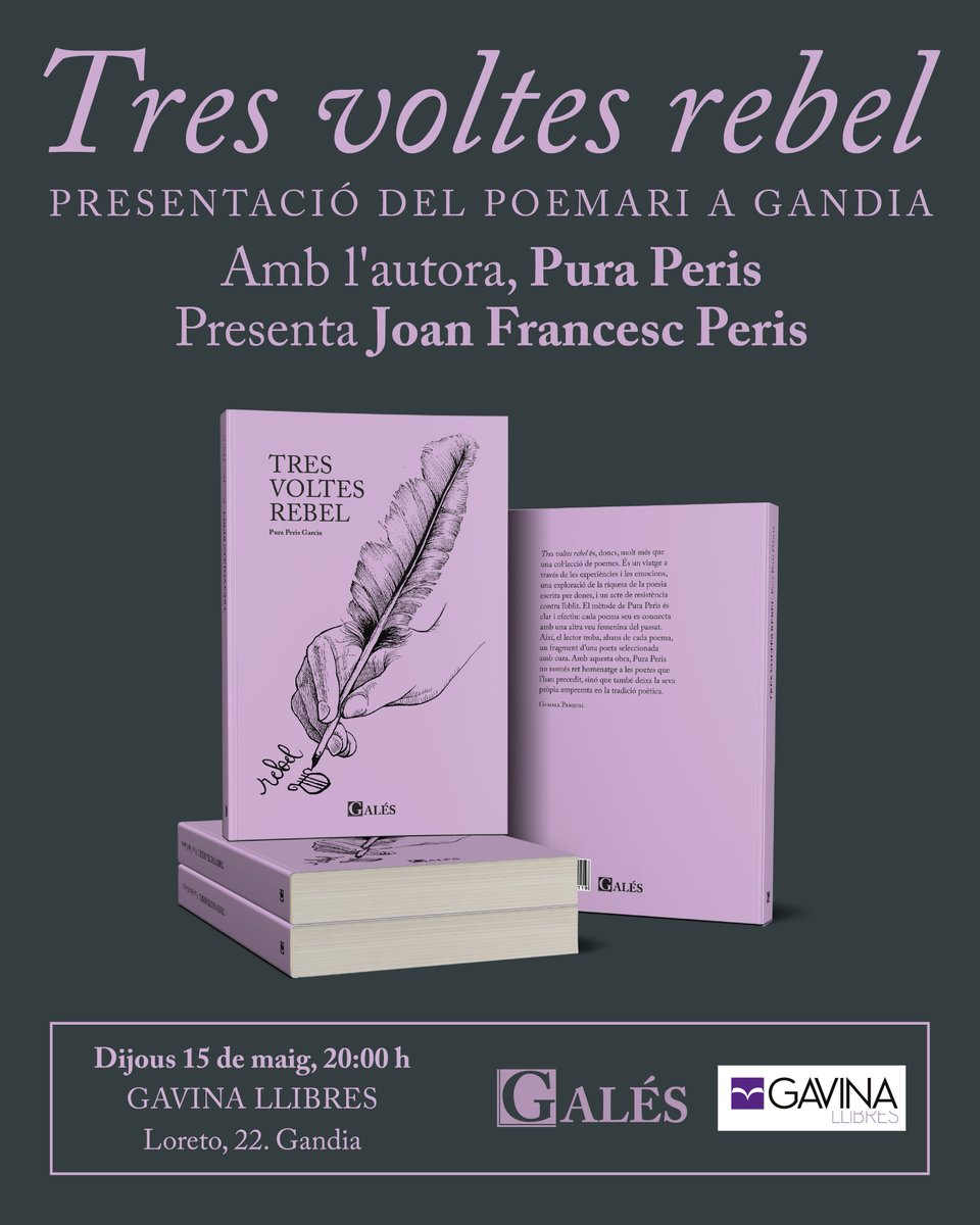 Presentació de 'Tres voltes rebel', de Pura Peris, a Gandia. Presenta Joan Francesc Peris. A Gavina Llibres <a href="/GavinaLlibres/">Gavina Llibres</a> Dijous 15 de maig, 20: 00 h