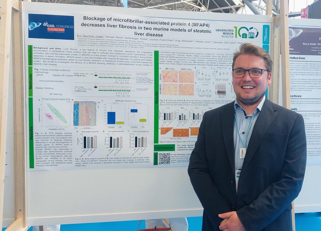MEDB_LAB's tweet image. Lively discussions at Max Brol&apos;s poster on the beneficial role of MFAP4 inhibition in steatotic #LiverDisease at #EASLCONGRESS. #EASL2025