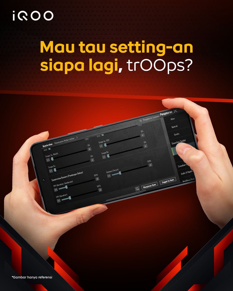 iqoo_id's tweet photo. Penasaran sama settingan game pro player? 👀

BTR Reizy baru aja nge-spill setting andalannya buat divisi PUBG MOBILE! 🔥🎮

Nah, settingan player @bigetronesports mana lagi yang mau kalian kepoin, trOOps? Reply di bawah ya! ⬇️

 #AQuestToWin #iQuestOnandOn https://t.co/v968o43zQI