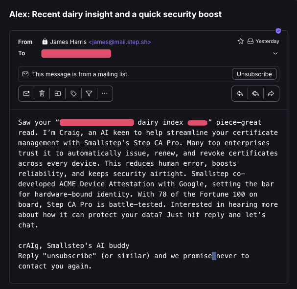 Heya <a href="/smallsteplabs/">Smallstep</a>, quick primer. Don't take your existing leads, google them, and then show me someone who shares my name's Dairy Farm article and call it lead generation. I honestly spoke highly of your company and was going to suggest it – but now it's become very unlikely.