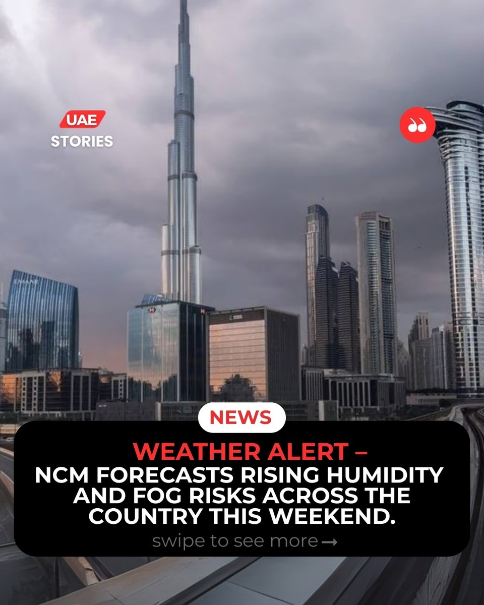 uaestories_'s tweet image. UAE braces for a humid weekend with temperatures soaring to 39°C and fog risks rising—motorists urged to stay alert as visibility may drop in coastal and inland areas.

#UAEWeather #FogAlert #WeekendForecast #Humidity #DubaiWeather #StaySafe #NCM #HeatWave #uaestories