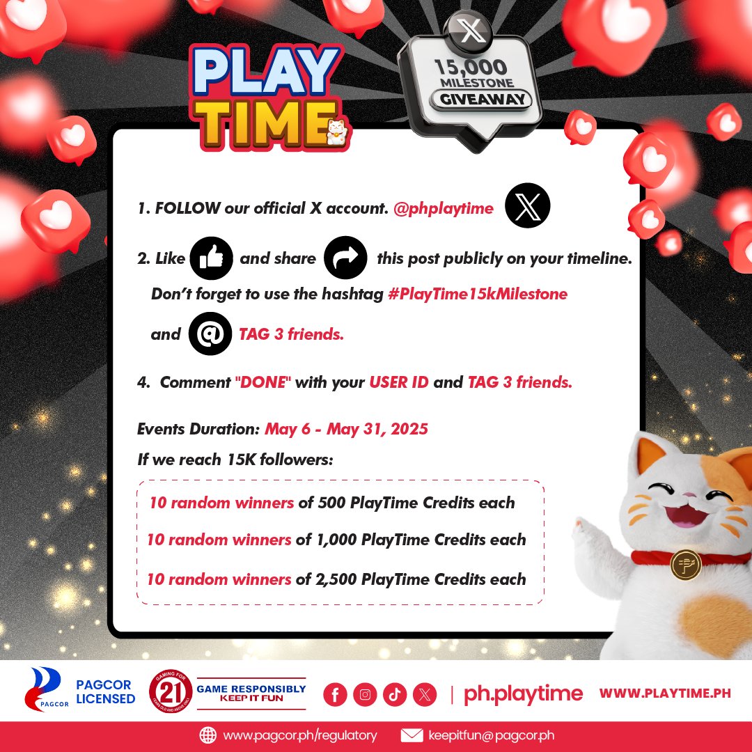 We’re on the road to 15k followers on X, and we want to celebrate with YOU! 🎉

To join, sundin lang ang easy steps:
✅ FOLLOW our official X account. x.com/phplaytime
✅ LIKE and REPOST this post publicly on your timeline. Don’t forget to use the hashtag