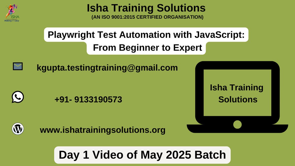 IshaKumargupta's tweet image. Playwright Test Automation with JavaScript-Day 1
youtu.be/cilPkiaN9fA
Enrolments are still in progress
Regular sessions will start from
12th May @ 7AM(IST)/11th May @ 9:30PM(EST)
Price:6900 INR/89 USD
call/WhatsApp @ +91- 9133190573/8977922427
#PlaywrightJS #JavaScriptTesting
