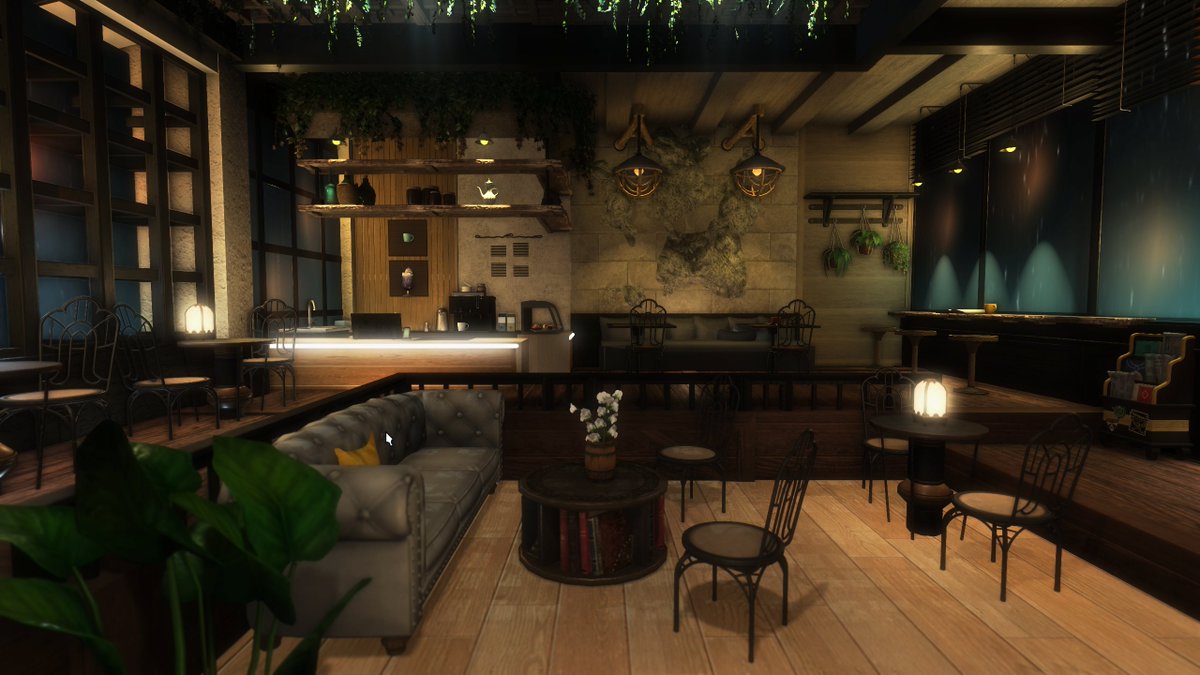 KrissyPixels's tweet photo. Just remodeled my friend's place, Dozy Town Falls Cafe! ☕️ I wanted to create a space with cozy, lofi-jazz channel vibes. My friend's only request was to include a shrine dedicated to Nanamo and Krile. #FF14ハウジング 
#FF14housing #HousingEden #hgxiv https://t.co/0Ep8wioefe