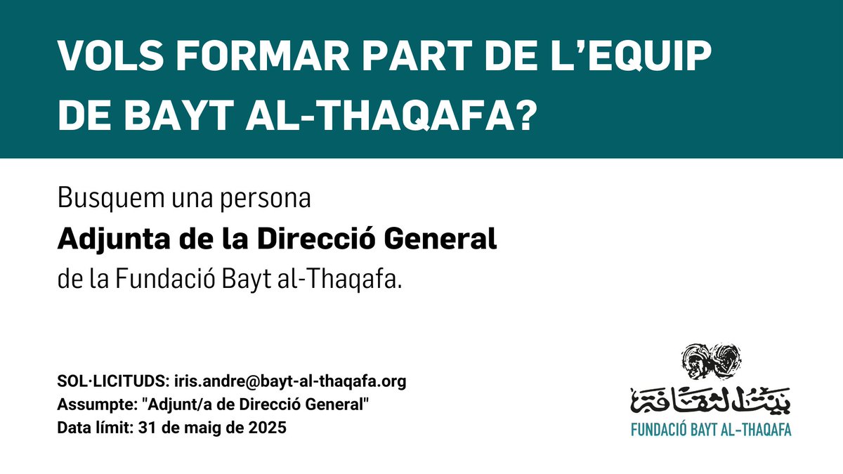 💼 OFERTA DE FEINA | Busquem Adjunt/a de la Direcció General.

🎓Cal postgrau/màster en direcció i gestió de programes socials, innovació social o avaluació de polítiques públiques i 5 anys d'experiència en llocs de responsabilitat al sector.

➕ info 👉 bayt-al-thaqafa.org/sites/default/…