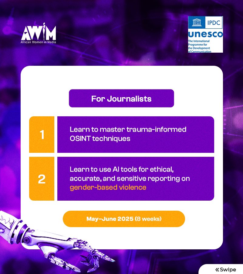 African Women in Media (AWiM) (@realawim) on Twitter photo African Women in Media, in partnership with <a href="/UNESCO/">UNESCO 🏛️ #Education #Sciences #Culture 🇺🇳</a>, has launched TRAKD – a transformative training programme that empowers African media professionals to use AI for ethical, gender-sensitive reporting.
This training equips journalists to tackle technology-facilitated African Women in Media, in partnership with <a href="/UNESCO/">UNESCO 🏛️ #Education #Sciences #Culture 🇺🇳</a>, has launched TRAKD – a transformative training programme that empowers African media professionals to use AI for ethical, gender-sensitive reporting.
This training equips journalists to tackle technology-facilitated