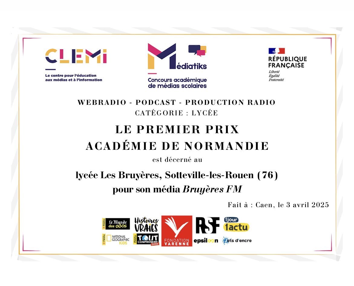 Le podcast réalisé par nos élèves de la webradio en lien avec la journée de mobilisation contre les violences faites aux femmes a remporté le Prix MEDIATIKS de la meilleure production radio pour l’académie de Normandie. En lice pour le concours national ! <a href="/dsden76/">DSDEN76</a> <a href="/ac_normandie/">Académie de Normandie</a>