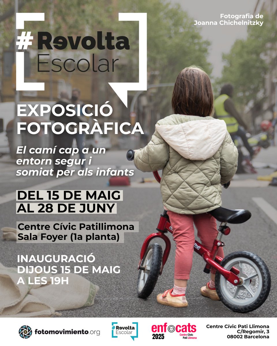 Revolta Escolar Cat (@revoltaescolar) on Twitter photo 📸 Exposició fotogràfica de La Revolta Escolar 'El camí cap a un entorn segur i somiat per als infants', en el Festival Enfocats (de @chichiflesky, de <a href="/Fotomovimiento/">Fotomovimiento</a>)
INAUGURACIÓ
📆 Dj. 15 de maig
🕕19:00h
📍CC Pati Llimona (c/Regomir, 3)
Fins al 28 de juny, us hi esperem! 📸 Exposició fotogràfica de La Revolta Escolar 'El camí cap a un entorn segur i somiat per als infants', en el Festival Enfocats (de @chichiflesky, de <a href="/Fotomovimiento/">Fotomovimiento</a>)
INAUGURACIÓ
📆 Dj. 15 de maig
🕕19:00h
📍CC Pati Llimona (c/Regomir, 3)
Fins al 28 de juny, us hi esperem!