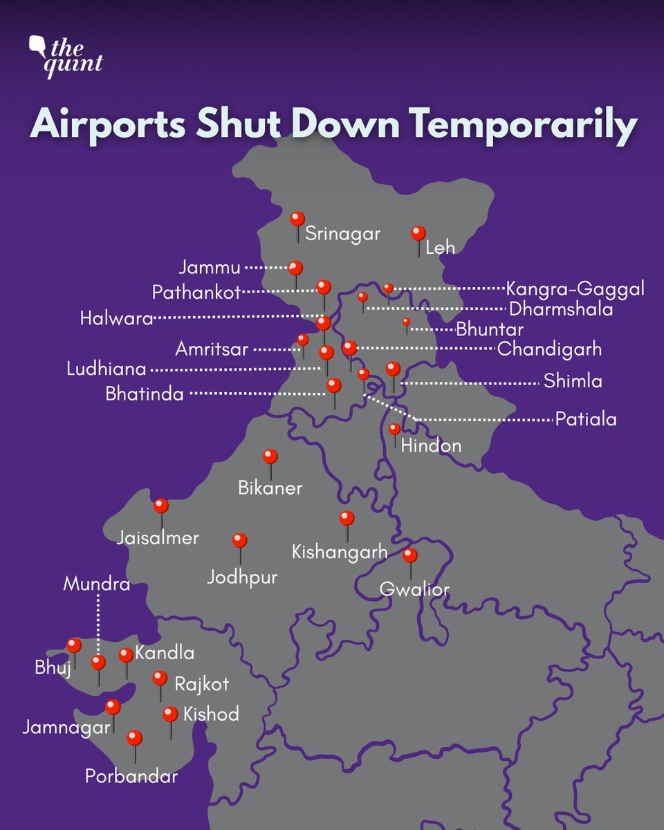 TheQuint's tweet photo. In the wake of strikes by Pakistan on the night of 8 May, Thursday, the Union Ministry of Civil Aviation declared temporary shutting of operations in 27 airports across north and north-west India. https://t.co/uIm9SnVVLp