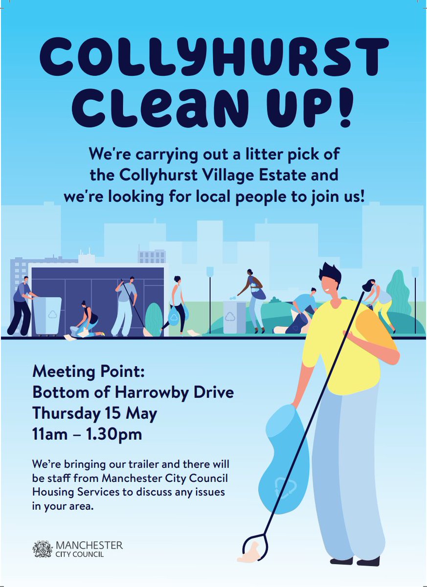 MCC Harpurhey (@mccharpurhey) on Twitter photo Join Housing Services for a litter-pick of the Collyhurst Village Estate on Thurs 15th May between 11am and 1.30pm.
<a href="/ManCityCouncil/">Manchester City Council</a> staff will be hand to offer helpful advice and to discuss any issues you might have. Join Housing Services for a litter-pick of the Collyhurst Village Estate on Thurs 15th May between 11am and 1.30pm.
<a href="/ManCityCouncil/">Manchester City Council</a> staff will be hand to offer helpful advice and to discuss any issues you might have.