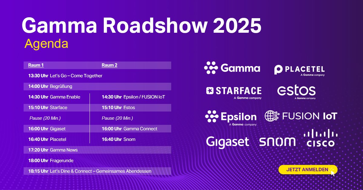 Der Countdown läuft: Gamma Roadshow 2025 – Letzte Chance zur Anmeldung! 

Am Dienstag, den 13. Mai, startet die Gamma Roadshow 2025 in Leipzig – und wir können es kaum erwarten, mit Euch gemeinsam in die Zukunft der Business-Kommunikation durchzustarten!  bit.ly/3GZjLWt