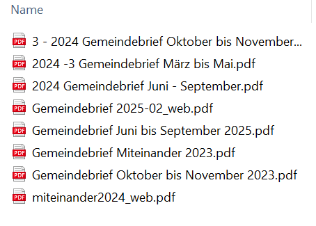 Wie chaotisch können PDF-Dateien einer regelmäßigen Publikation benannt sein? 
Evangelische Kirche: Ja!
🤦‍♂️😂
(Standard-Namen beim Abspeichern aus der jeweils erhaltenen Mail. Ja, man könnte das beim Speichern ändern... Dennoch ein klares #fail.) #Kirche