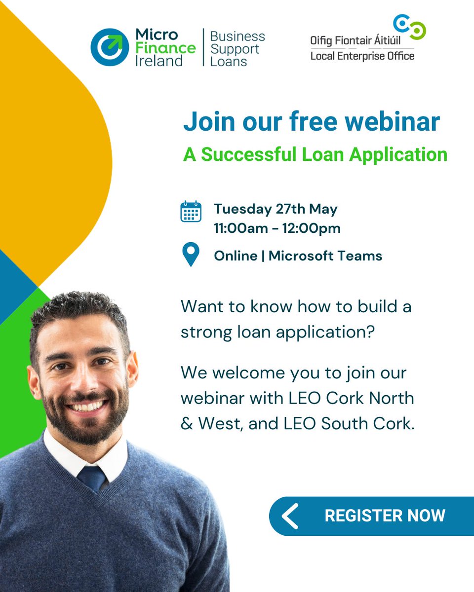 Need a business loan? You are welcome to join our free webinar with LEO Cork North &amp; West, and LEO South Cork. 

To learn more and sign up to the next one, visit microfinanceireland.ie/webinars-and-e….

#MicrofinanceIreland #Irishbusinesses #businessloans #smallbusinessloans #loanapproval