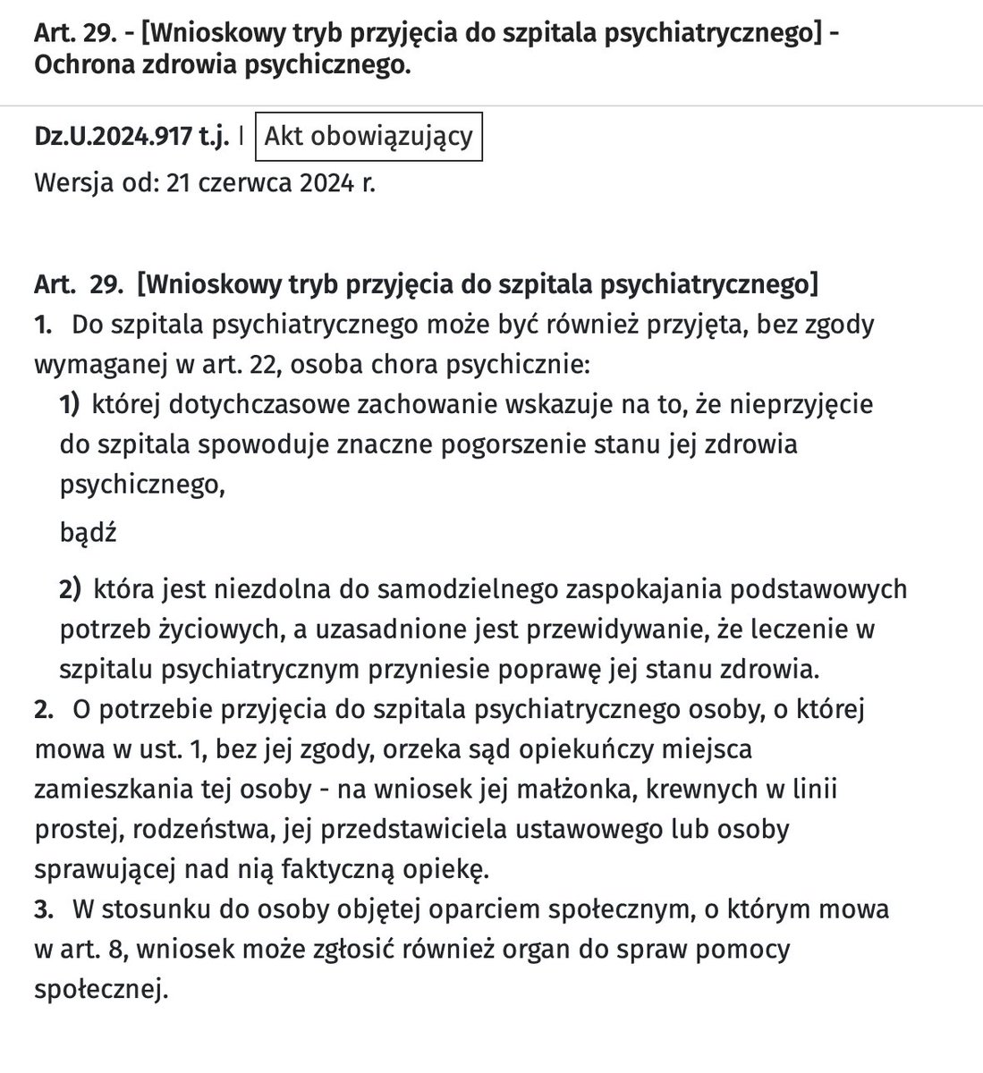 🚨Ustawa o ochronie zdrowia psychicznego przewiduje leczenie osoby stanowiącej bezpośrednie zagrożenie dla swojego życia lub życia i zdrowia innych.
🚑+🚓 przewozi osobę na badanie do najbliższej psychiatrycznej IP.

👉🏻Przy braku bezpośredniego zagrożenia korzystamy z art. 29