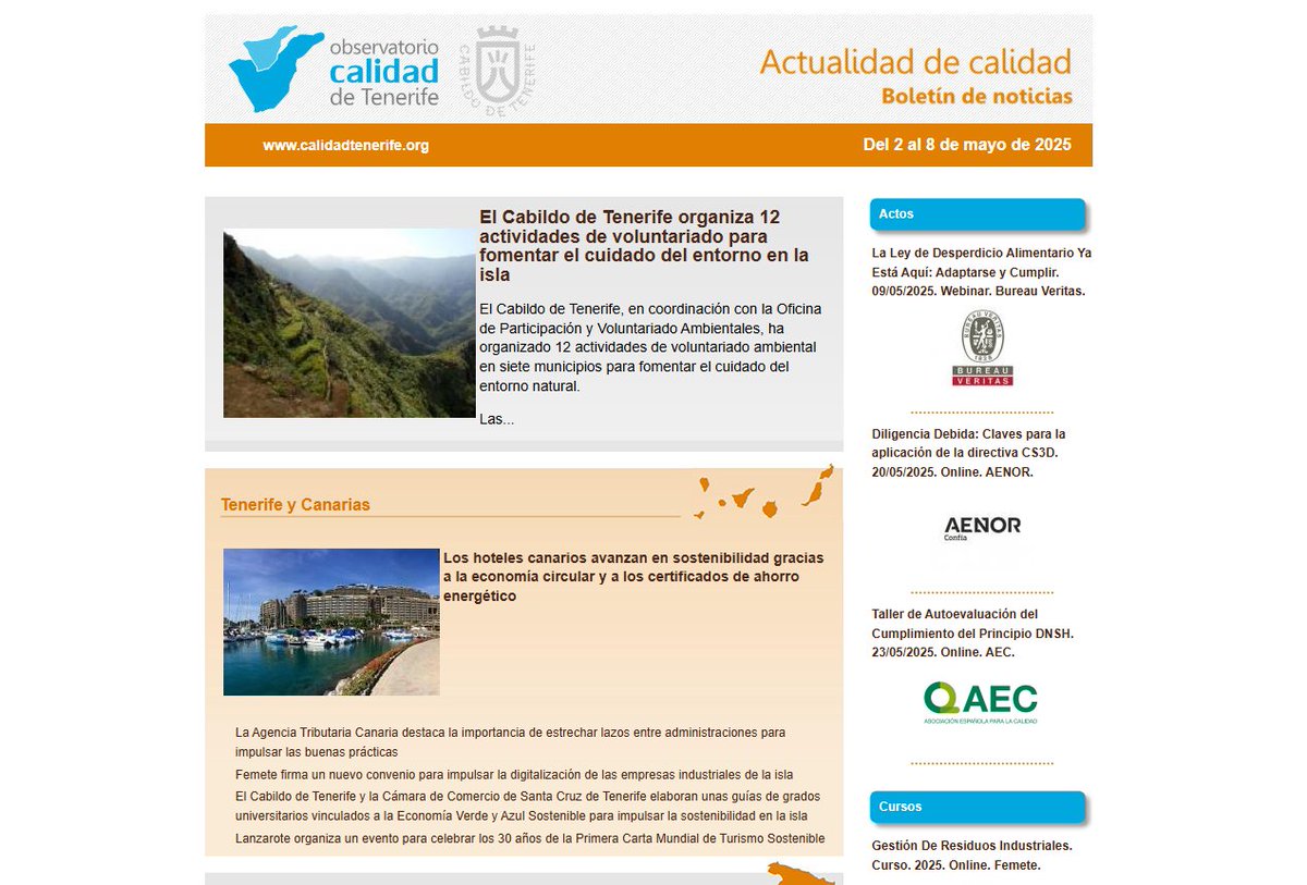 📢 Nuevo #Boletín de #Calidad

🌱 12 actividades de voluntariado ambiental impulsadas en Tenerife para cuidar el entorno natural

🏨 Hoteles canarios avanzan en sostenibilidad mediante economía circular y eficiencia energética

🔗 Consulta el boletín: calidadtenerife.org/?q=epublish/1/…