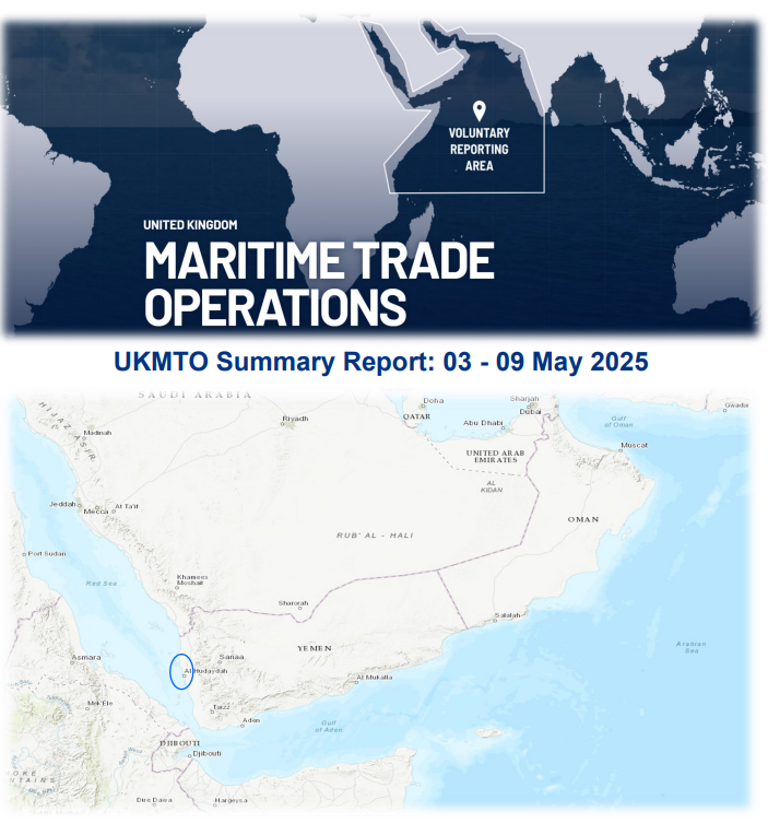 UKMTO Weekly Summary Report: 03 - 09 May 2025

Click Here to see the full report ⤵️
ukmto.org/-/media/ukmto/…

#maritimesecurity #marsec