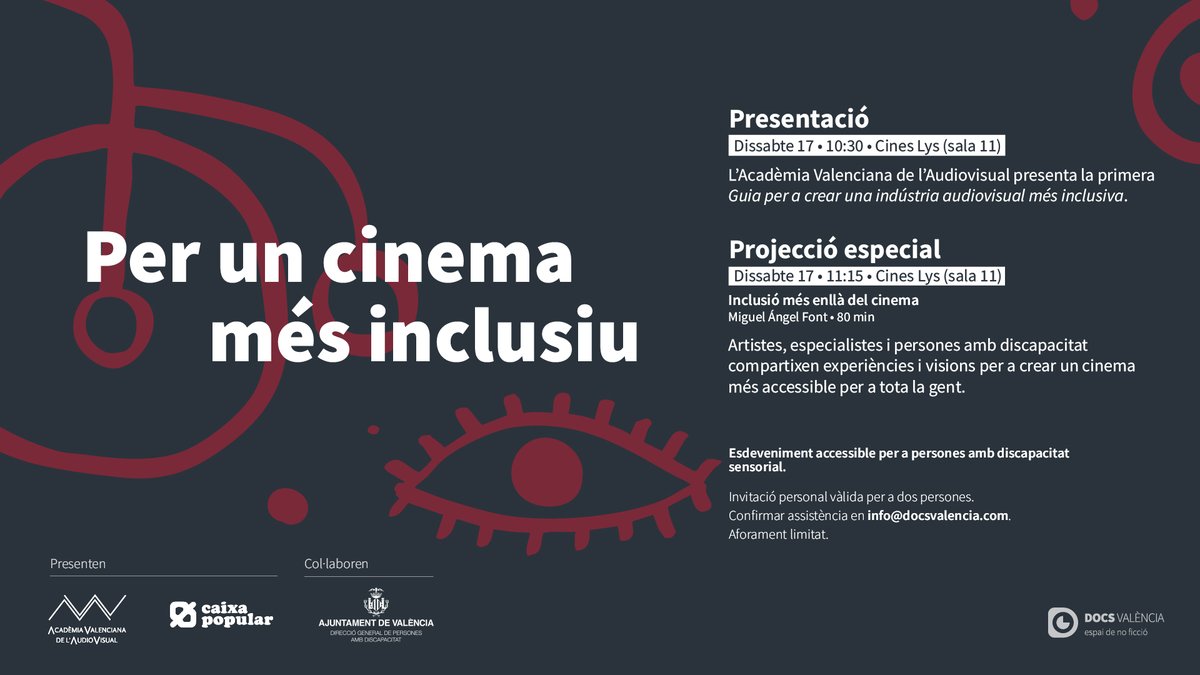 📽️Presentamos en el festival <a href="/DocsValencia/">DocsValencia</a>, junto a <a href="/avav_valencia/">Acadèmia Valenciana Audiovisual</a>, la "Guía para crear una industria audiovisual más inclusiva". Seguidamente se estrenará el largometraje "Inclusión-Más allá del cine", de <a href="/MAngelFont/">Miguel Ángel Font Bisier</a>.
📅17/05
📍<a href="/cineslys/">Cines LYS</a>
Inscripción previa📩info@docsvalencia.com