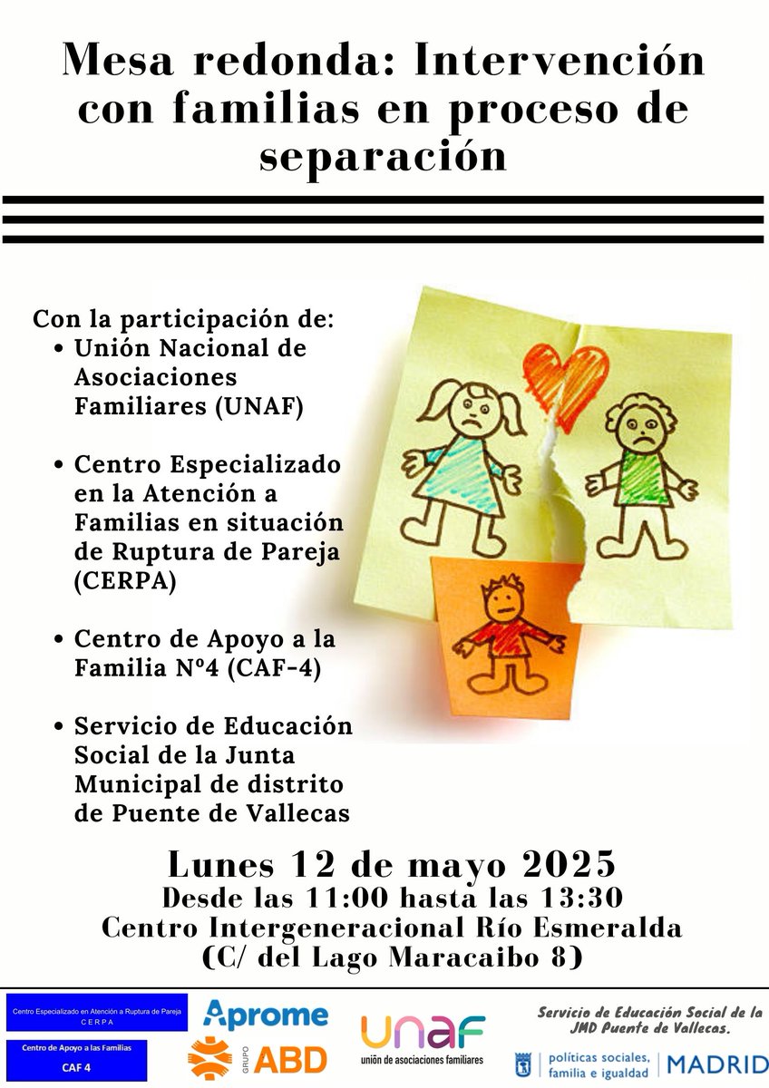 Nuestra mediadora familiar, Begoña González, participará en la mesa redonda "Intervención con familias en proceso de separación", que tendrá lugar el próximo lunes 12 de mayo en el Centro Intergeneracional Río Esmeralda, en Madrid.

¡Acércate! ¡Te esperamos!