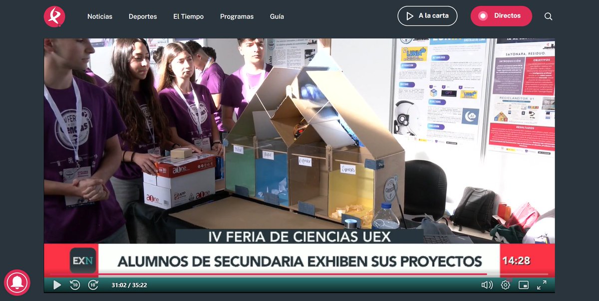 Cultura Científica UEx (@uexdivulga) on Twitter photo 🤩Nuestra Feria de ciencias en noticias <a href="/cextremadura/">Canal Extremadura</a>
<a href="/infouex/">UEx</a> <a href="/FECYT_Ciencia/">FECYT</a> <a href="/CulEmprendedora/">CulturaEmprendedora</a> <a href="/DipdeBadajoz/">Diputación de Badajoz</a> <a href="/aytodebadajoz/">Ayuntamiento Badajoz</a> <a href="/educacionEXT/">Educación, Ciencia y Formación Profesional</a>
#FeriaCienciasUEx
▶️canalextremadura.es/video/extremad… (a partir del minuto 30:55) 🤩Nuestra Feria de ciencias en noticias <a href="/cextremadura/">Canal Extremadura</a>
<a href="/infouex/">UEx</a> <a href="/FECYT_Ciencia/">FECYT</a> <a href="/CulEmprendedora/">CulturaEmprendedora</a> <a href="/DipdeBadajoz/">Diputación de Badajoz</a> <a href="/aytodebadajoz/">Ayuntamiento Badajoz</a> <a href="/educacionEXT/">Educación, Ciencia y Formación Profesional</a>
#FeriaCienciasUEx
▶️canalextremadura.es/video/extremad… (a partir del minuto 30:55)