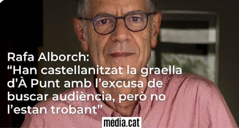 El Vicent (@_elvicent) on Twitter photo "Han castellanitzat la graella d'À Punt amb l'excusa de buscar audiència, però no l'estan trobant", hui <a href="/MediacatCat/">Mèdia.cat - Observatori Crític dels Mitjans</a> publica l'entrevista que vaig fer a <a href="/rafalborch/">Rafa Alborch</a> media.cat/2025/05/09/raf… "Han castellanitzat la graella d'À Punt amb l'excusa de buscar audiència, però no l'estan trobant", hui <a href="/MediacatCat/">Mèdia.cat - Observatori Crític dels Mitjans</a> publica l'entrevista que vaig fer a <a href="/rafalborch/">Rafa Alborch</a> media.cat/2025/05/09/raf…