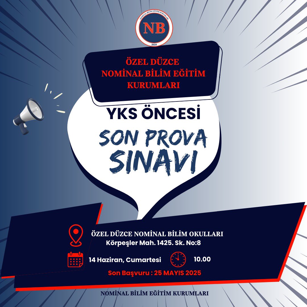 📢 Özel Düzce Nominal Bilim Eğitim Kurumları olarak YKS'den bir hafta önce 14 Haziran Cumartesi günü saat 10.00'da Körpeşler Mah. 1425. SK. No:18 adresinde bulunan Özel Düzce Nominal Bilim Okulları Kampüsümüzde "SON PROVA SINAVI" yapacağız.

Detaylı bilgi için 📞 0 380 524 15 16