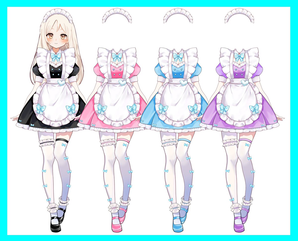 yu_un0620's tweet photo. #Vtuber素材 #おはようVtuber️ 
明日がメイドの日ということで、5/10の23:59まで4色メイド衣装を無料で再配布いたします！

・いいね＋RTで使用OK
・加筆・再配布は禁止❌(肌のみ色変更ok)

メイド服６色+腕差分13種入りの豪華セット（高画質＋商用利用OK）も各色900円で販売中です！
是非お使いください〜✨

DLはツリーにて！