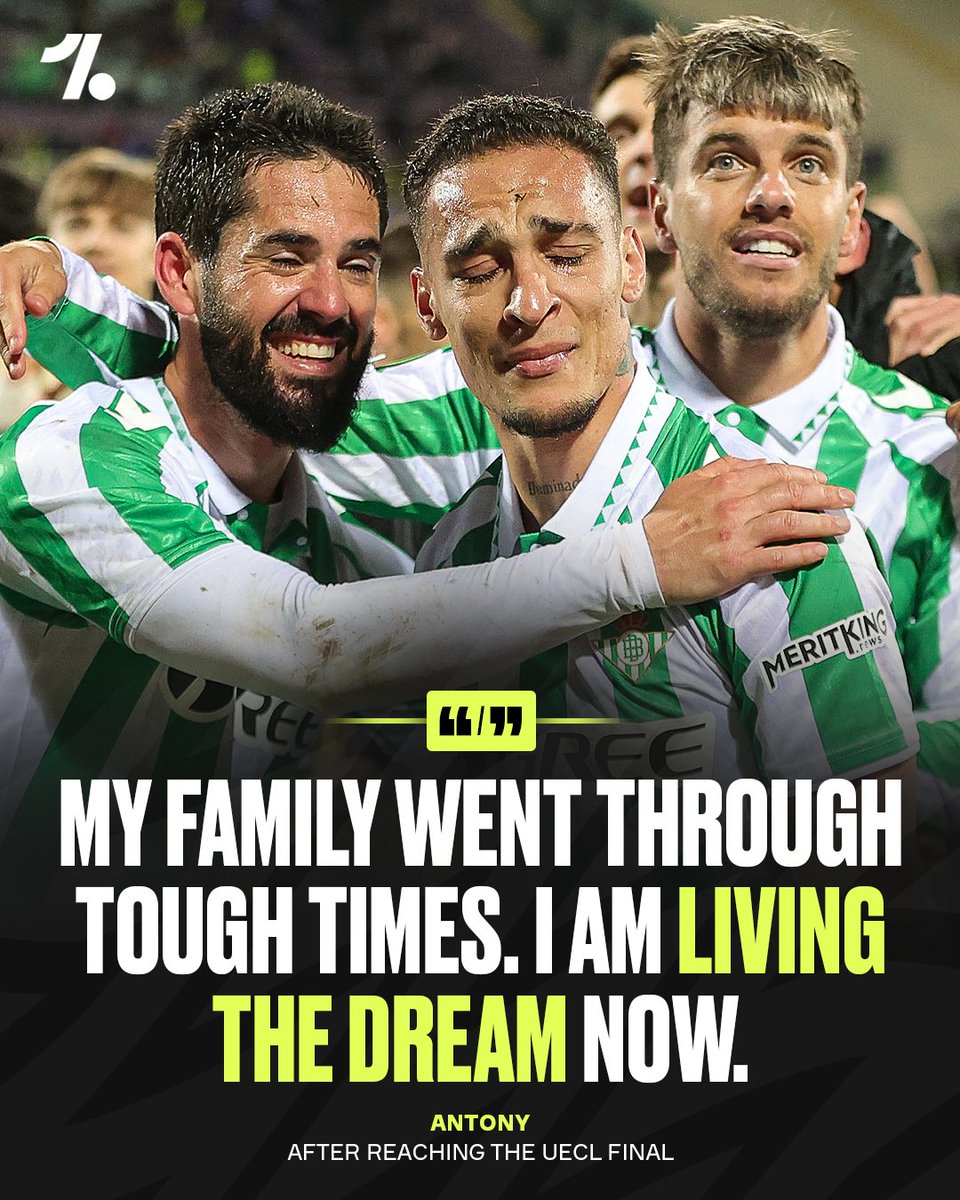 OneFootball's tweet photo. Antony was full of emotion after Real Betis qualified for the UECL final 🥹🐐👇

🗣️ "My family knows what we went through to be here. I have cried a lot with my mother, with my wife &amp; with my siblings. Because we went through very tough times. I am living a dream now." https://t.co/bbJA1aWrQp