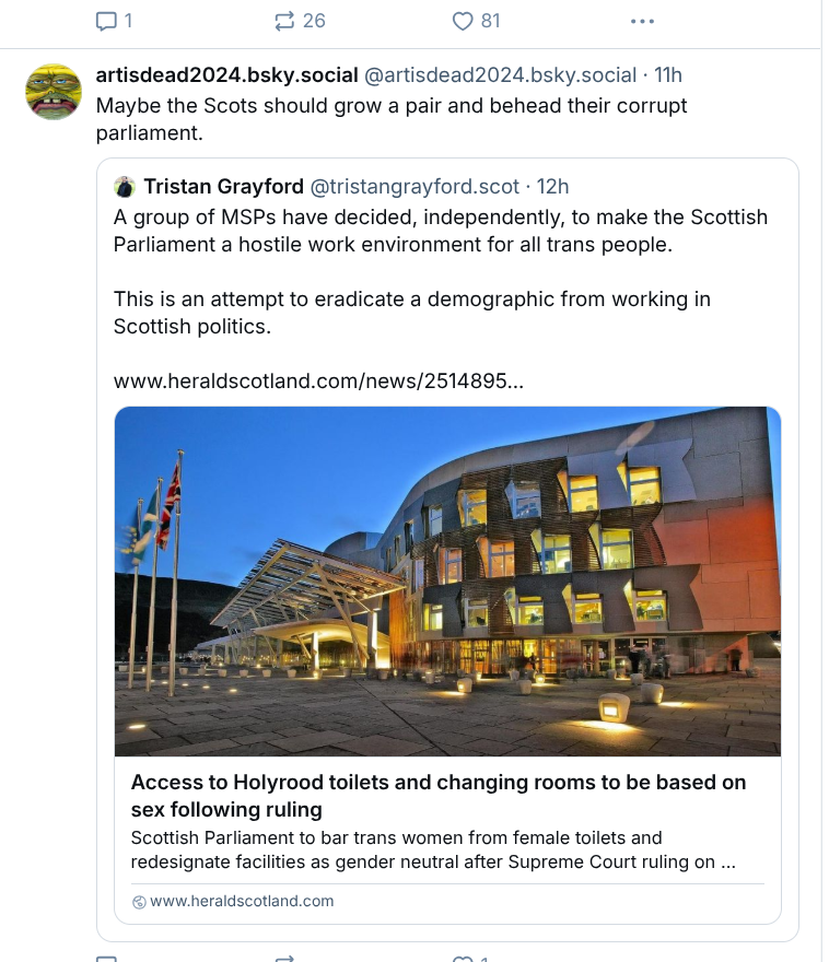 jk_rowling's tweet photo. Will members of the Scottish parliament who posed happily in front of 'Decapitate TERFs' signs feel any differently now it's parliamentarians trans activists are saying should be beheaded? https://t.co/y7KSwnEiGb