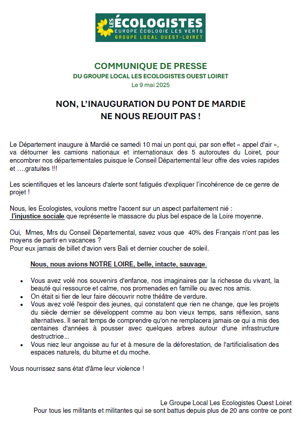 EELVOrleanais's tweet photo. Le Département inaugure à Mardié ce 10 mai un pont, que nous dénonçons depuis 20 ans !
Nous, les Ecologistes, voulons mettre l'accent sur un aspect parfaitement nié : l'injustice sociale que représente le massacre du plus bel espace de la Loire moyenne !

Communiqué de presse ⤵️ https://t.co/2bwpq1k012