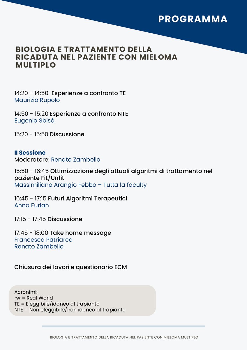 Unipd Medicina (@unipd_medicina) on Twitter photo "Biologia e trattamento della ricaduta nel paziente con mieloma multiplo"
29 maggio Savhotel Mantegna
Responsabili Scientifici Francesca Patriarca Renato Zambello
Provider ID 1884
Evento gratuito con registrazione obbligatoria al link:
bit.ly/dimed-padova <a href="/UniPadova/">UniversitĂ di Padova</a> "Biologia e trattamento della ricaduta nel paziente con mieloma multiplo"
29 maggio Savhotel Mantegna
Responsabili Scientifici Francesca Patriarca Renato Zambello
Provider ID 1884
Evento gratuito con registrazione obbligatoria al link:
bit.ly/dimed-padova <a href="/UniPadova/">UniversitĂ di Padova</a>