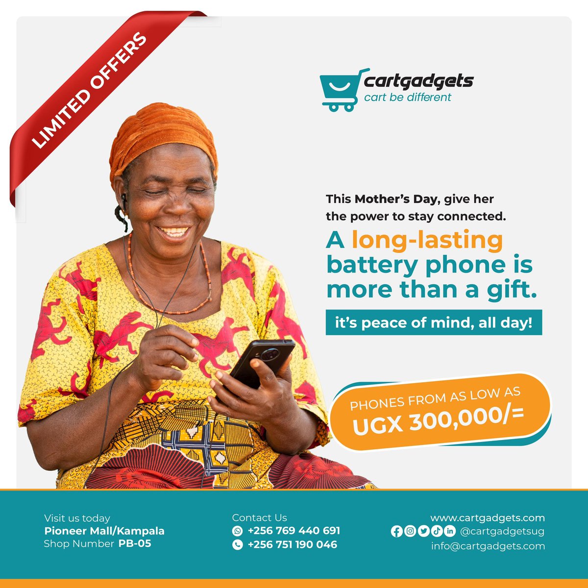 💖 This Mother’s Day, keep her connected with a long-lasting battery phone!
Starting from just UGX 300,000 it’s more than a gift,it’s peace of mind.
Shop now at Pioneer Mall or visit 👉 cartgadgets.com

#MothersDay #Cartgadgets #AffordablePhones #motherslove
#motherhood