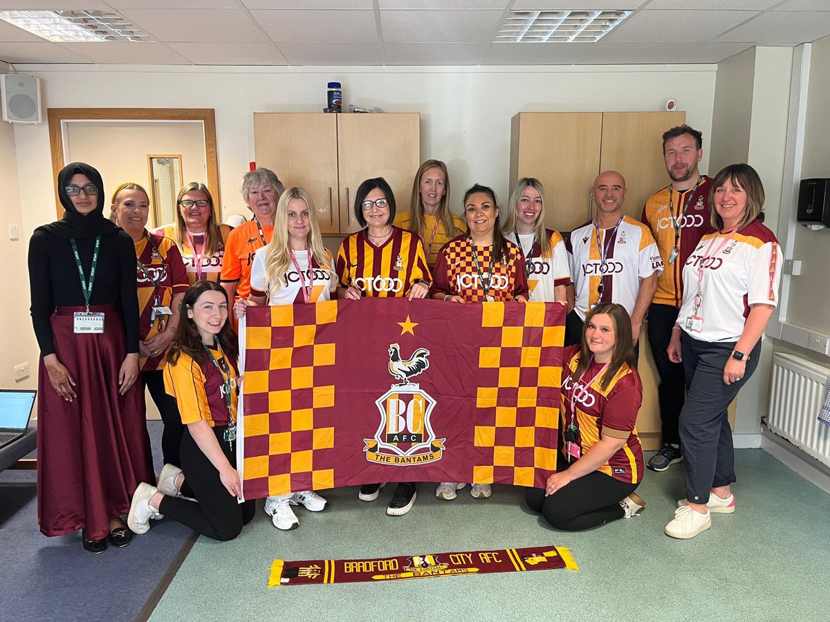 All set for claret and amber day to commemorate 40 years since the Bradford City stadium fire. All monies collected from families, children and staff today will be donated to Bradford Burns Unit. 
#WeAreBDAT