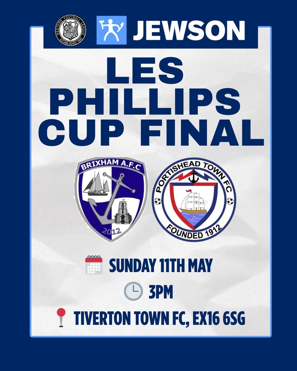 Western League (@_westernleague_) on Twitter photo π₯ Les Phillips Cup Final π₯
<a href="/BrixhamAFC/">Brixham AFC</a> vs <a href="/PortisheadTown/">Portishead Town FC ππ DOUBLE (C)</a>
ποΈ Sunday 11th May
π 3PM
π Tiverton Town FC (EX16 6SG) π₯ Les Phillips Cup Final π₯
<a href="/BrixhamAFC/">Brixham AFC</a> vs <a href="/PortisheadTown/">Portishead Town FC ππ DOUBLE (C)</a>
ποΈ Sunday 11th May
π 3PM
π Tiverton Town FC (EX16 6SG)
