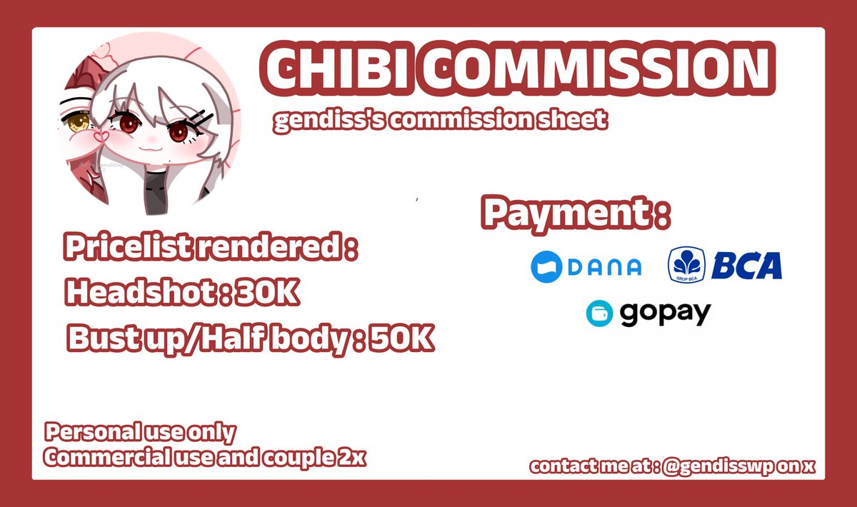 gendisswp's tweet photo. ✨ CHIBI COMMISSION OPEN ✨
[rt &amp; likes are very appreciated!]

halo, aku open chibi commission untuk local 🇮🇩 only!, please dm/contact me on x if you have questions or you're interested! ✨

#commissionopen #commission #chibicommision #chibicommissionopen https://t.co/TJWWbsDb6Q