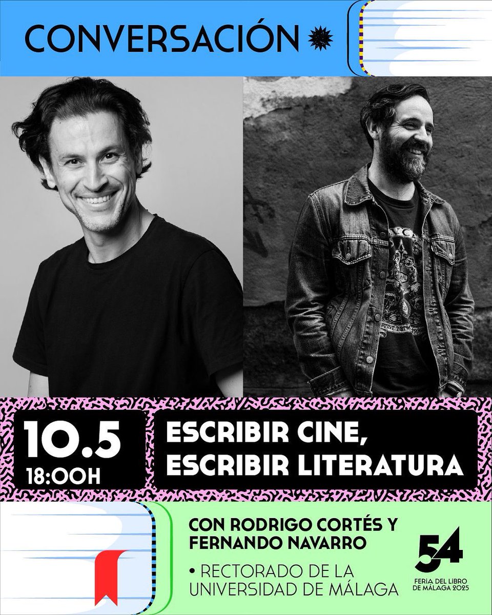 🎬✍️ Este sábado, 10 de mayo, a las 18:00 h, el cineasta y escritor <a href="/rodrigocortes/">Rodrigo Cortés</a> y el guionista y novelista Fernando Navarro compartirán reflexiones, anécdotas y visiones en torno al proceso de escritura, el cruce entre géneros y la creación de historias que nos atrapan.