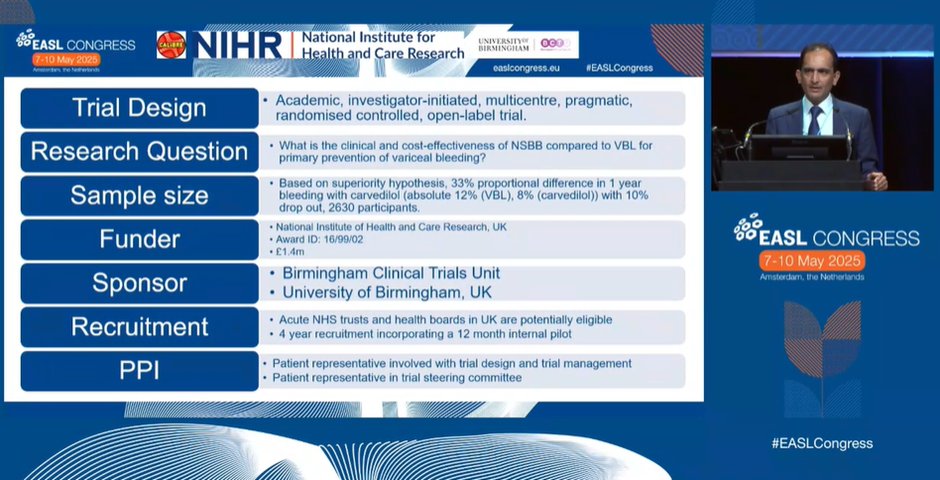 📢 Presenting the long-awaited results from the CALIBRE trial at #EASLCongress General Session I:
 A multicentre RCT comparing carvedilol vs variceal band ligation in the primary prevention of variceal bleeding in cirrhosis.

🩸 Variceal bleeding is a major tipping point in